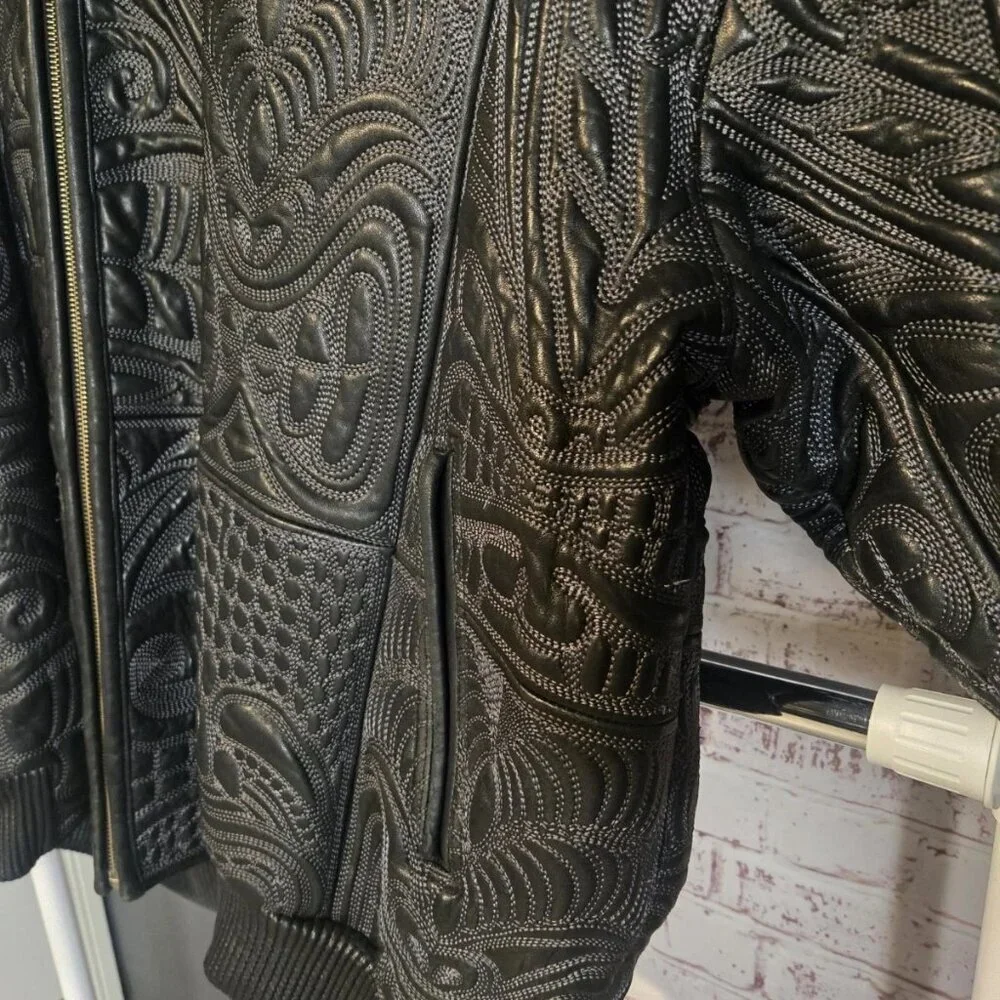 Al Wissam Men’s Embossed Genuine Leather Bomber Jacket Big & Tall, Tribal Design - Picture 7 of 15